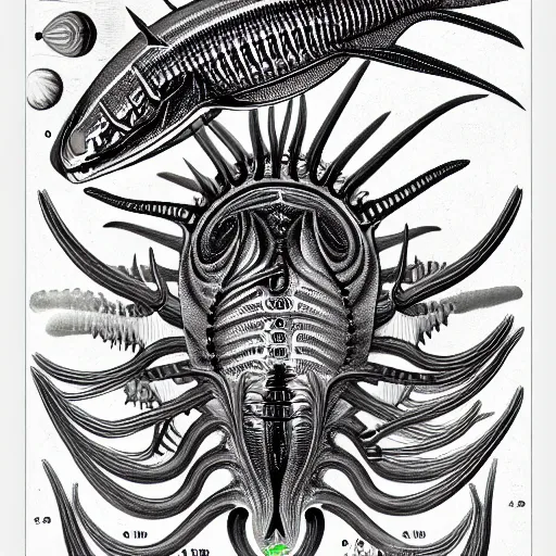 Prompt: alien fish anatomy by ernst haeckel, masterpiece, vivid, very detailed