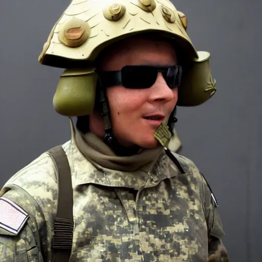 Image similar to a soldier with a dragon helmet.