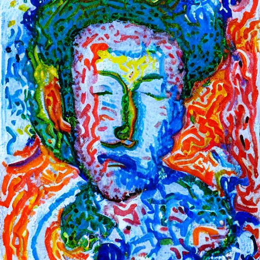 Image similar to by regina valluzzi, by marie laurencin swirling isometric 3 d. a painting of a man with a large head, sitting in a meditative pose. his eyes are closed & he has a serene look on his face. his body is made up of colorful geometric shapes & patterns that twist & turn in different directions.