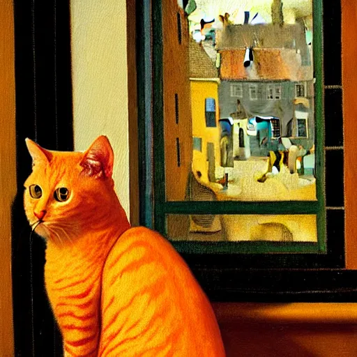 Image similar to a painting of an orange cat staring profoundly into the window, a detailed painting by johannes vermeer, behance, american scene painting, dutch golden age, detailed painting, academic art