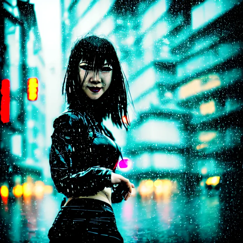 Image similar to a photo close up cyberpunk woman dancing in the rain, cyberpunk hiroshima, prefecture streets, sunset, photorealistic, cinematic lighting, highly detailed, bokeh, style by tomino - sama