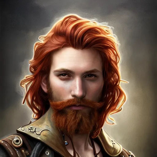Image similar to portrait of a young rugged steampunk pirate, male, handsome, masculine, full body, red hair, long hair, soft hair, fantasy, intricate, elegant, highly detailed, steampunk, airship, digital painting, artstation, concept art, character art, smooth, sharp focus, illustration, art by artgerm and greg rutkowski and alphonse mucha