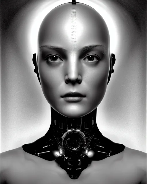 Image similar to dreamy, monochrome, subsurface scattering, white, cyborg goddess in cosmos, black and white, octane render, dino valls, virgil finlay, mark ryden, highly detailed, rim light, art, cinematic lighting, very coherent, hyper realism, 8 k