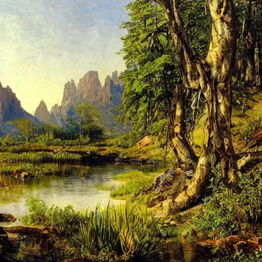 Image similar to painting of a lush natural scene on an alien planet by ivan shishkin. beautiful landscape. weird vegetation. cliffs and water.