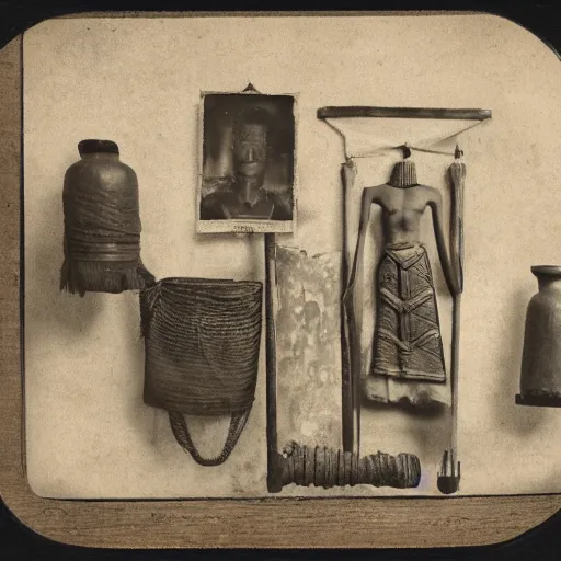 Image similar to Tintype photograph of primitive objects displayed in an ethnographic museum, archive material, anthropology, 1920s studio lighting.