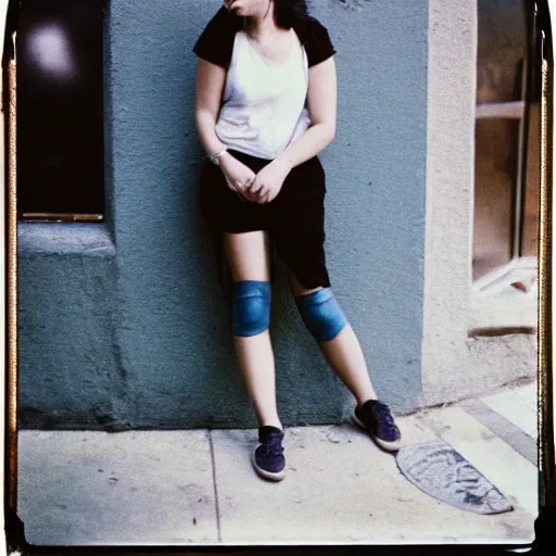 Image similar to a beautiful instant photograph of a woman smoking in the street, leaning on the wall, polaroid, technicolor, rule of thirds, light leak, raw, black clothing