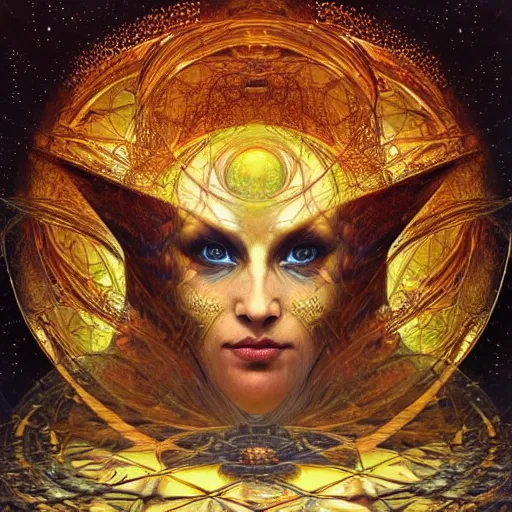 Image similar to a beautiful visionary portrait of Divine Chaos Engine by Karol Bak, Jean Deville, Gustav Klimt, and Vincent Van Gogh, sacred geometry, mystic, spiritual, fractal structures, ornate gilded medieval icon, third eye, spirals