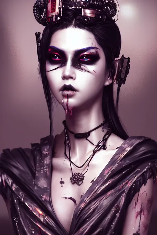 Image similar to soft lustrous ebony geisha goddess yakuza biotech raver gutter punk gothic cyborg, cyberpunk city, urban decay, decay, underworld, dark art, highly detailed, digital painting, octane render, artstation, concept art, smooth, sharp focus, illustration, art by artgerm, loish, wlop