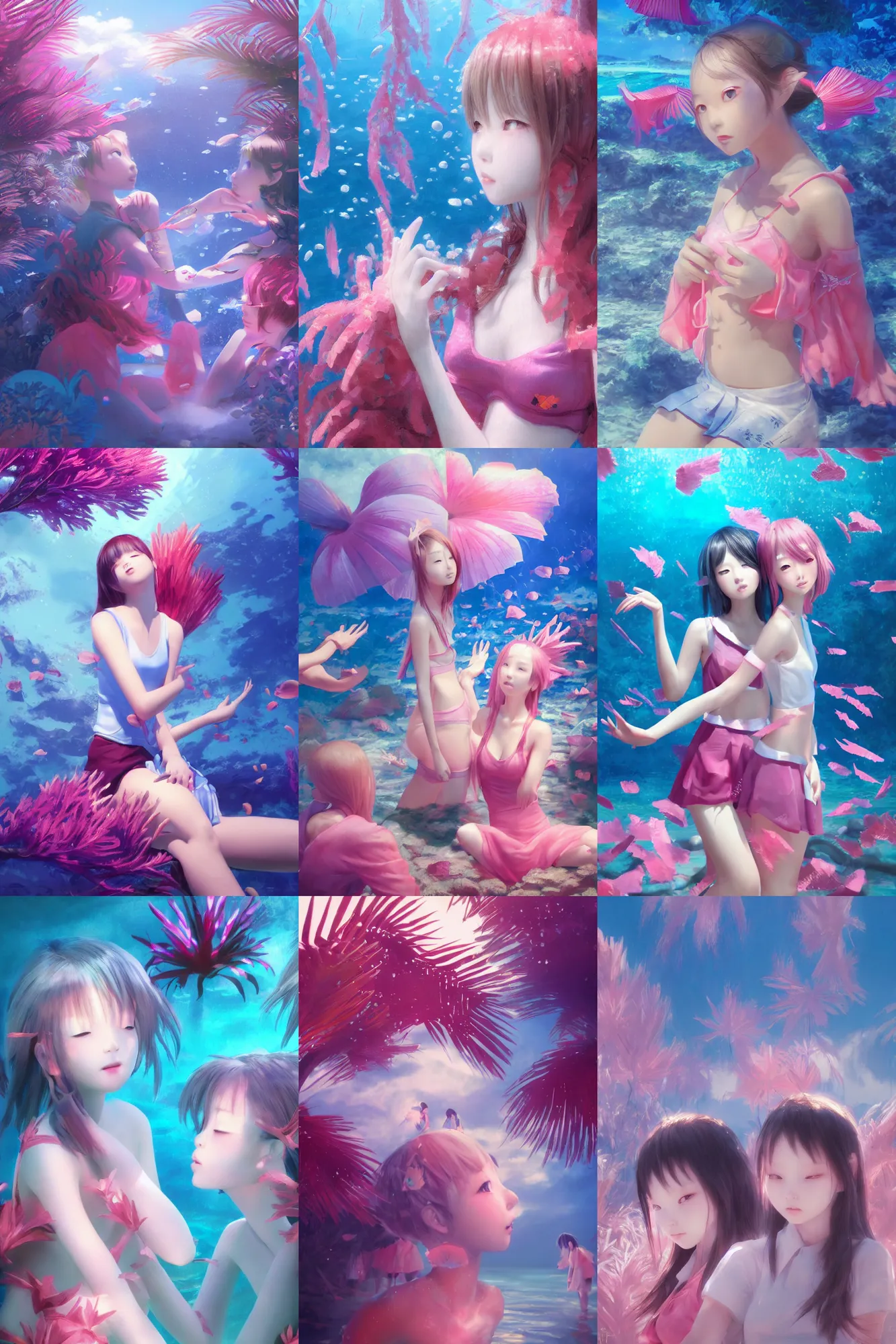 Prompt: 3d infrared octane render concept art by D. Jun, by Mo Xiang Tong Xiu, by Igarashi Daisuke, cute beauty complex portrait anime sad friends schoolgirls under dark pink and blue sea. underwater palms. beautiful and cutest sad face. dramatic deep light, trending on artstation, oil painting brush