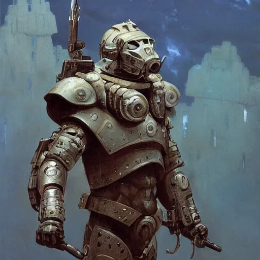 Image similar to soldier in mayan power armor by j. c. leyendecker, barlowe, makoto kobayashi, greg rutkowski, and beksinski