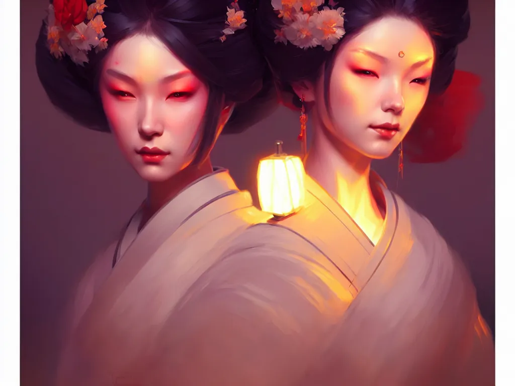 Prompt: pretty geisha, d & d digital painting, ultra realistic, beautiful, volumetric lighting, warm colors advance, cell shading, by james jean, greg rutkowski, wlop