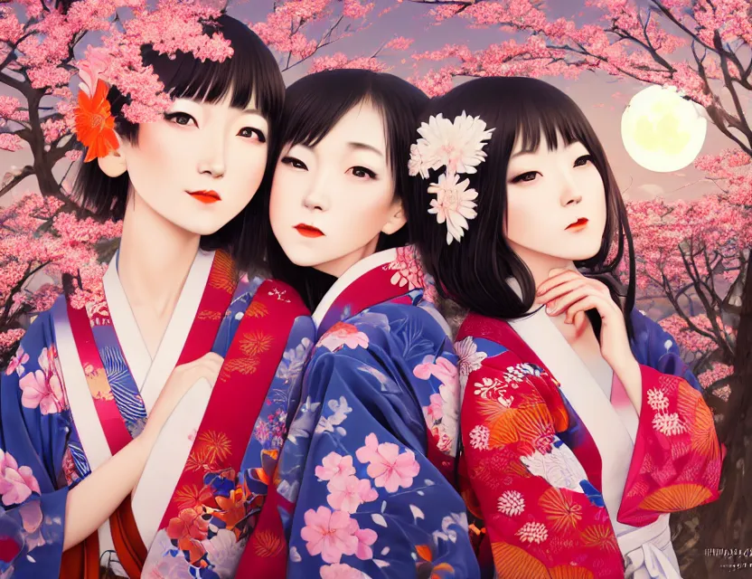 Image similar to two beautiful charming japan girls wear arty kimono in festival | | sunny night, full moon, dreamlike art, realistic shaded, smile, good looking, hyper details, 4 k realistic, cryengine, realistic shaded lighting poster by ilya kuvshinov, fuji choko, ross tran, 8 k resolution, trending on artstation, luxury