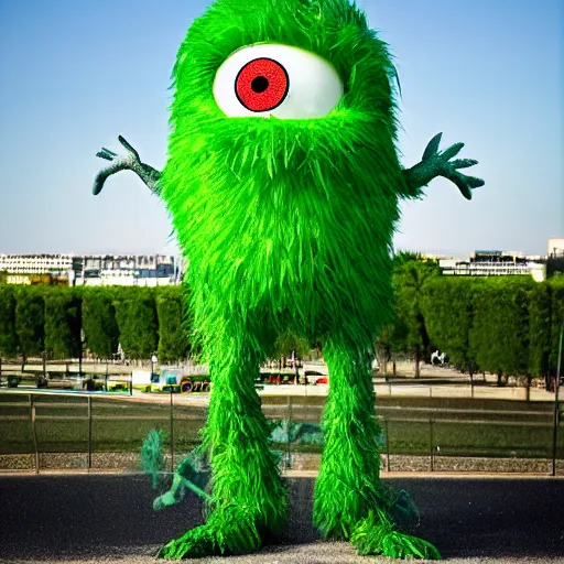 Prompt: french advertising with a happy green monster standing with a big round head and a thin high body with a grass texture. technicolor, in the background a big logo named cetelem. 5 0 mm, nikon, 1 / 6 sigma