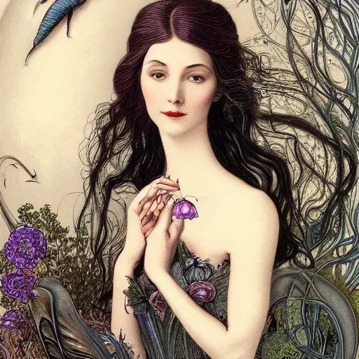 Image similar to facial portrait of a young pretty woman in flowing dress, arrogant, mysterious, long fine flowing hair, delicate, looking at camera, slightly awkward smile, realistic face, hands behind back, intricate, stylish, elegant, grimdark fantasy, flowers, art nouveau, extremely detailed painting inspired by Gerald Brom and Ernst Haeckel and Kaluta