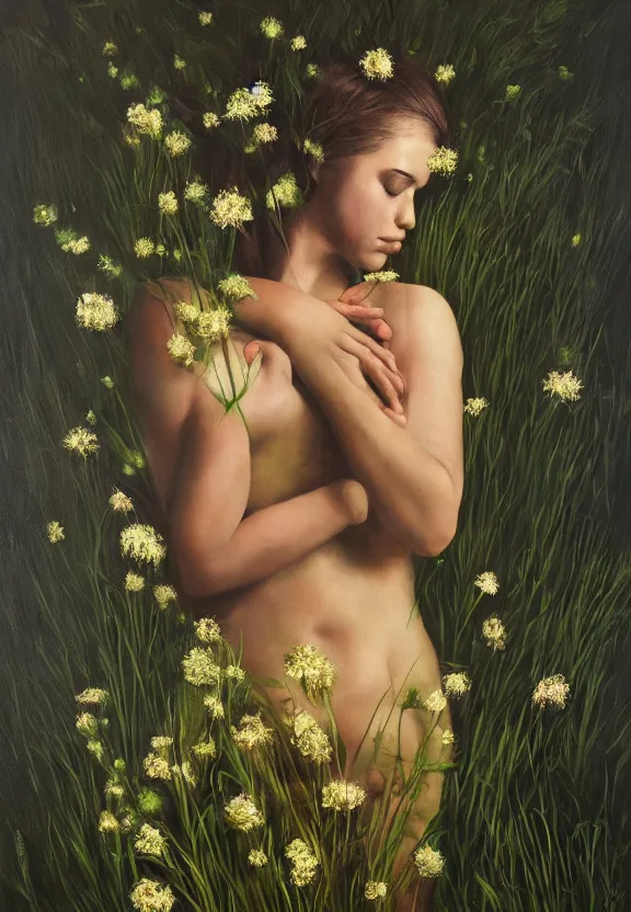 Prompt: female figure with grass flowers and leaves growing from her skin, black background, artificial light, hyperrealistic painting, serene, mysterious