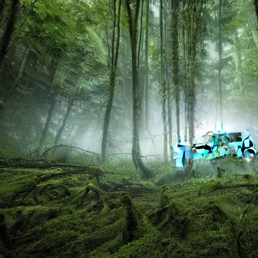 Image similar to A cinematographic 30mm shot of crashed white tesla cars resembling skeletons of whales outgrown by moss, vines and ferns, submerged in a lush and dense forest, dusk light filtering from the trees below. The scene is apocalyptic, eerie but serene, volumetric, 8k, high resolution