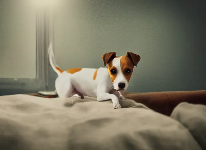 Image similar to photography of a Jack Russel . watching outside the window. on a bed. in a vintage room full of vinyls and posters.,volumetric light, photorealistic,, award winning photo, 100mm, sharp, high res