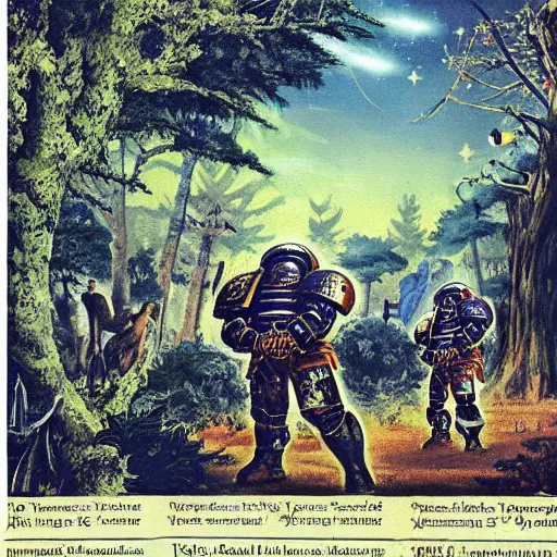 Prompt: ottoman imperium space marine, lush pastoral woodland scene, pulp science fiction illustration