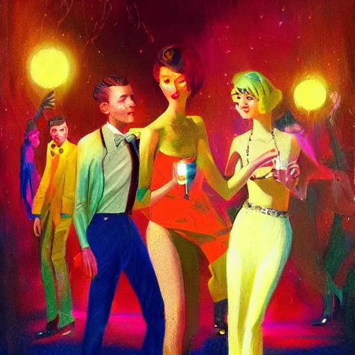 Prompt: young people in a fancy vintage nightclub dancing and drinking, partylights, great colors, by esao andrews, trending on artstation