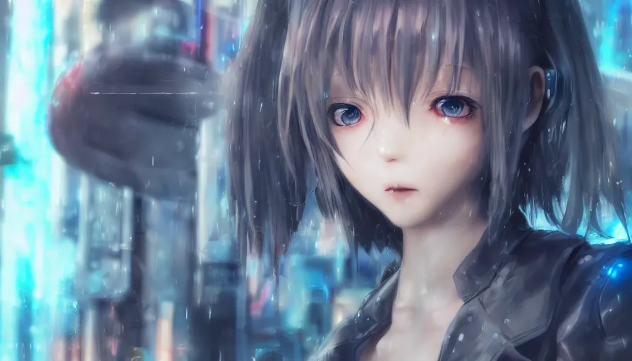 Image similar to cute anime girl in a cyberpunk city by wlop, detailed eyes, heterochromia, closeup, short minidress, light clothing, light rain, hyper real, detailed digital art, hatsune miku, photorealistic