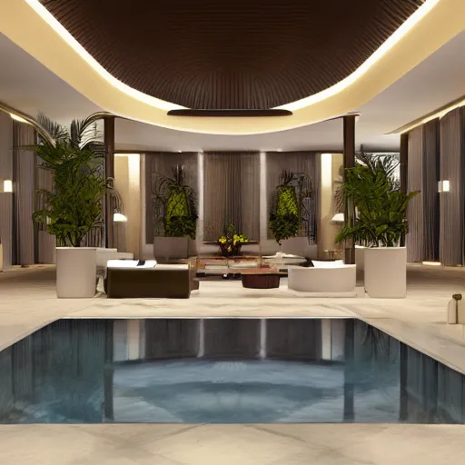 Prompt: realistic luxury hotel lobby interior in miami with pools in the background, corona render, detailed