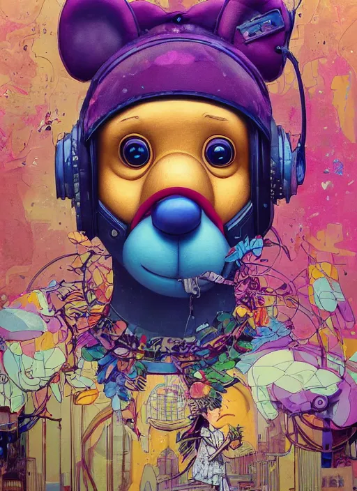 Prompt: beautiful portrait of Lofi cyberpunk Winnie the Pooh, by Tristan Eaton, Stanley Artgermm, Tom Bagshaw, Greg Rutkowski, Carne Griffiths. trending on DeviantArt, face enhance, hyper detailed, trending on Artstation, 8k, masterpiece, graffiti paint, fine detail, full of color, intricate detail, golden ratio illustration