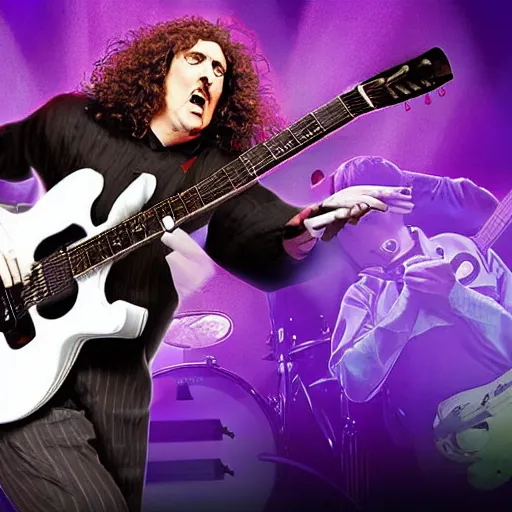 Prompt: a guitar getting smashed over weird al’s head