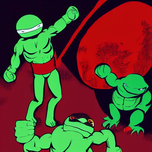 Prompt: satan having a boxing match against a teenage mutant ninja turtle, 8 k