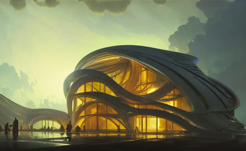 Prompt: exterior shot of utopian architecture laboratory with cinematic lighting by zaha hadid and renzo piano, darek zabrocki and greg ruthkowski, alphonse mucha, simon stalenhag, cinematic, scifi, futurism, atmospheric, sunset, concept art, artstation, trending on artstation