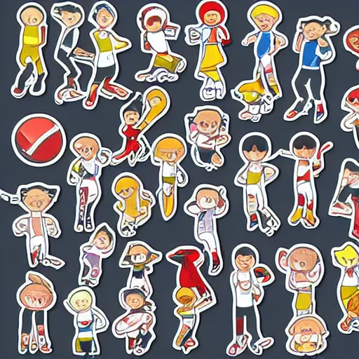 Image similar to sharp lines, illustrated emoti sticker sheet. chibi characters playing sports in animal onesies, white background, clear lines, ready to print, vinyl decal