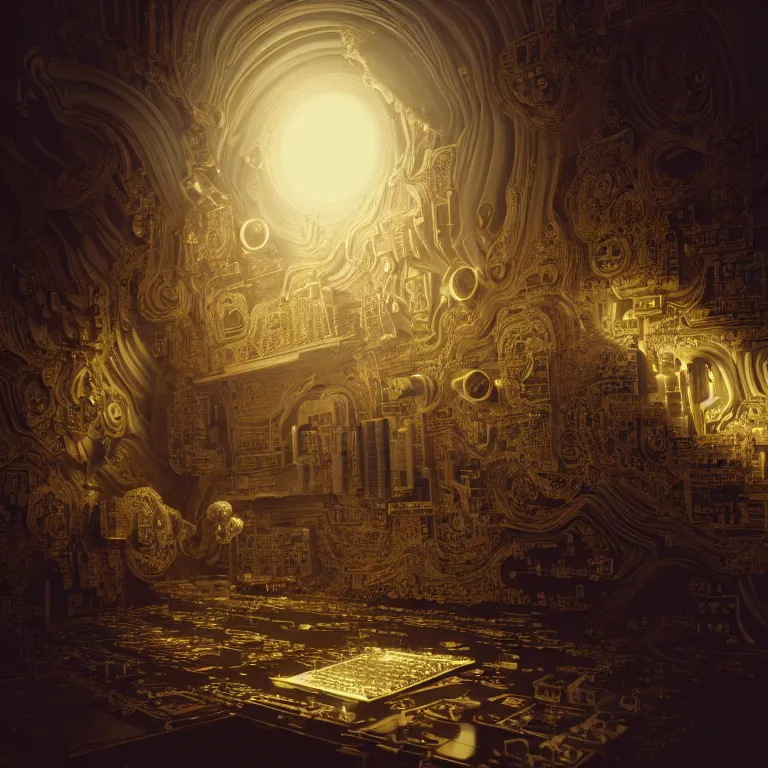 Image similar to motherboard, chip circuit, computer, dream - like atmosphere, baroque landscape painting, perfect composition, beautiful detailed intricate insanely detailed octane render trending on artstation, 8 k artistic photography, photorealistic, soft natural volumetric cinematic perfect light, chiaroscuro, award - winning photograph, masterpiece, raphael, caravaggio, greg rutkowski, beeple