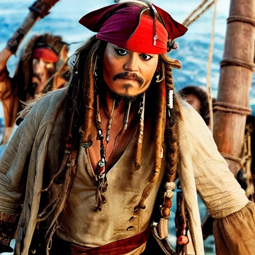 Prompt: Tom Holland playing jack sparrow in pirates in the Caribbean