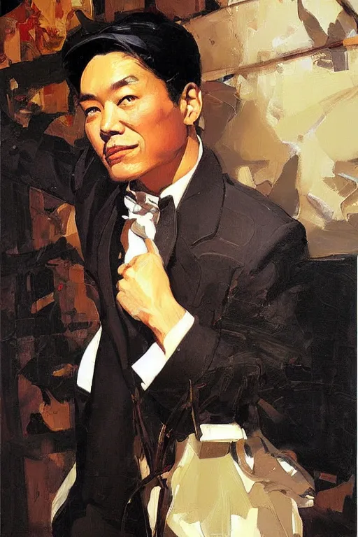 Image similar to waymond wang, painting by jc leyendecker!! phil hale!, angular, brush strokes, painterly, vintage, crisp