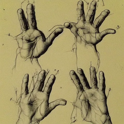 Image similar to anatomical drawing of hands, in the style of leonardo da vinci,