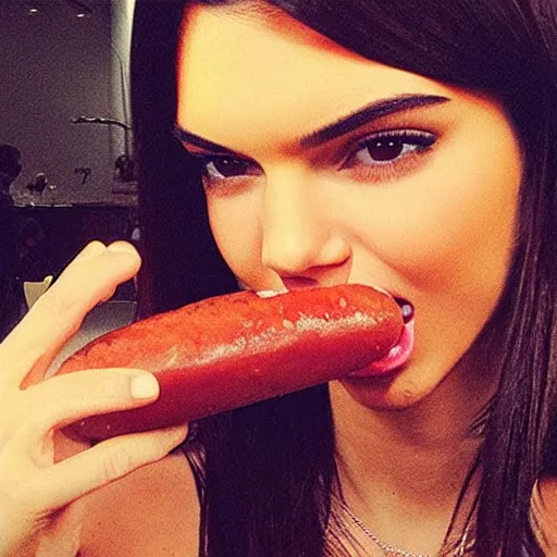 Image similar to “Kendall Jenner eating a humongous hotdog, inserting it into her mouth and staring intently at the camera”