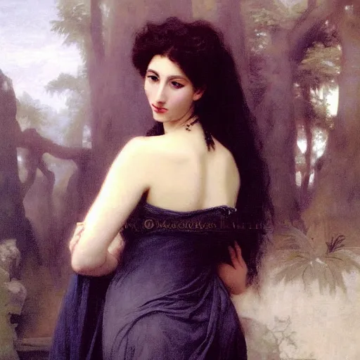 Prompt: oil painting of princess Vulvine, Hungarian, curly dark hair, fair skin, dark ominous, blurred background by Georgia o Keeffe, by Marcel Jankowicz, by Bouguereau, by Gustave Moreau, concept art, master, realism, romantism