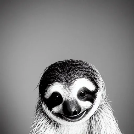 Image similar to black and white studio portrait photo of a cute sloth