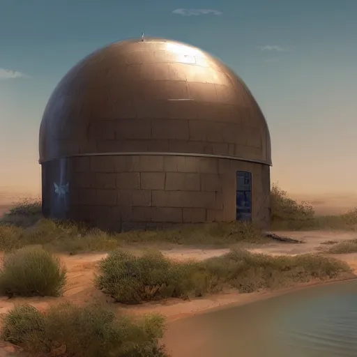 Image similar to sci - fi round building next to the sea pumping gushing water into a parched desert, river with trees, a sense of hope, hyper realistic, high res, 4 k, edouard groult, bynde, kirill leonov, isaac zuren