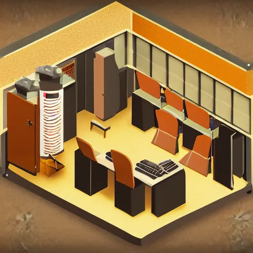 Image similar to isometric diorama box of a computer server bank room, gold, art deco, rust, worn, room full of computers