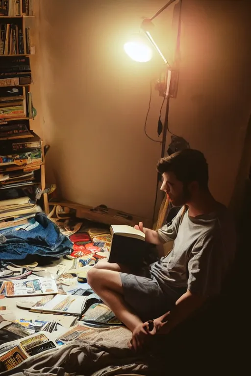 Prompt: a dramatic lighting photo of a guy reading a book in a cluttered messy 9 0 s bedroom, lofi, lo fi,