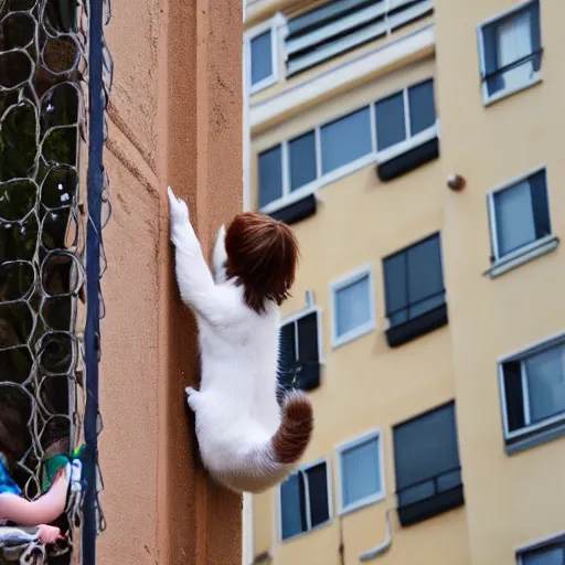 Image similar to a white brown cat preventing a little girl from climbing over a balcony