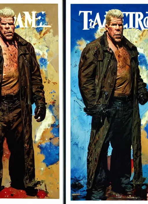 Image similar to full body and head portrait of huge ron perlman in tattered suit and trench coat, dynamic action, painted by norman rockwell and phil hale and greg staples and tom lovell and frank schoonover and jack kirby