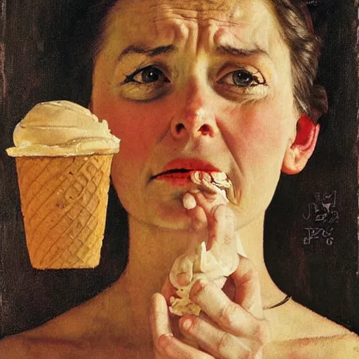 Image similar to portrait of a crying woman giving a blank stare to the viewer. She has an 🍦. A painting by Norman Rockwell