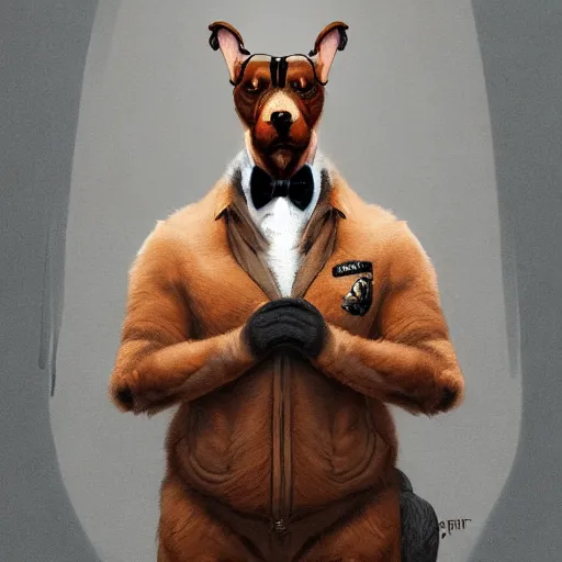 Image similar to ripped physique crown collar leash Man portrait Sherlock Samuel Beckett snout Detective Anthropomorphic furry fuzzy fashion vogue Rotweiler man wearing a Rotweiler costume wearing a hobo costume gerald brom bastien grivet greg rutkowski norman rockwell portrait face head snout ears eyes illustration tombow