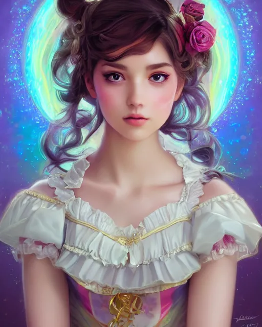 Image similar to portrait of magical lolita girl, dreamy and ethereal, expressive pose, big gold eyes, exciting expression, fantasy, intricate, elegant, many rainbow bubbles, rose tones, highly detailed, digital painting, artstation, concept art, cyberpunk wearing, smooth, sharp focus, illustration, art by artgerm and greg rutkowskiand alphonse mucha