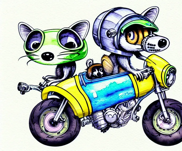 Prompt: cute and funny, racoon wearing a helmet riding in a tiny sport motorcycle with oversized engine, ratfink style by ed roth, centered award winning watercolor pen illustration, isometric illustration by chihiro iwasaki, edited by range murata