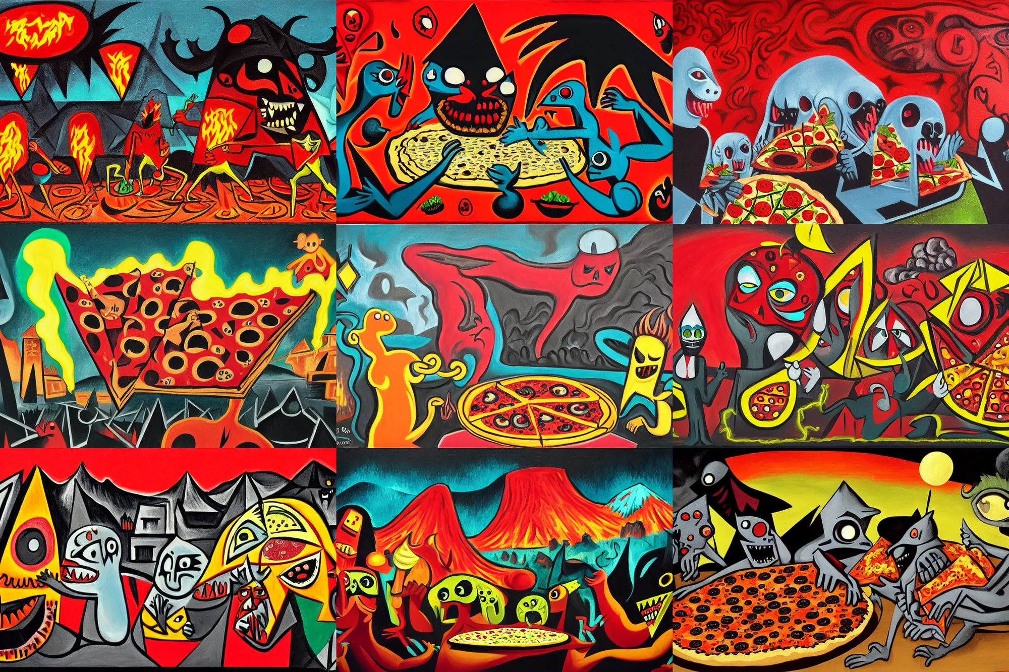 Prompt: masked demons grabbing a large pizza!!!, in the background is a volcano spewing lava and black smoke, streams of glowing hot lava, flashes of lightning in the distance. wide angle, long shot, an ultrafine detailed painting by picasso, deviantart, pop surrealism