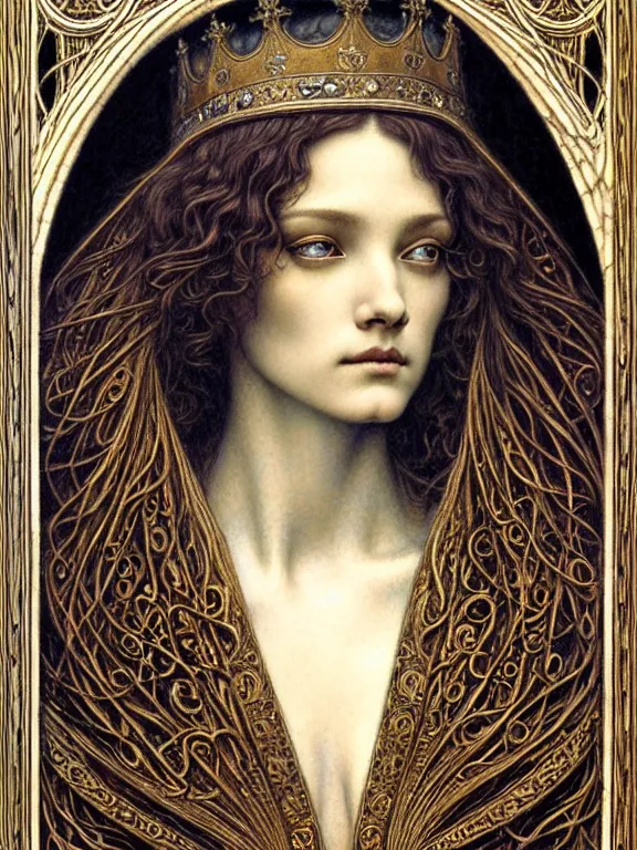 Image similar to detailed realistic beautiful young medieval queen face portrait by jean delville, gustave dore and marco mazzoni, art nouveau, symbolist, visionary, gothic, pre - raphaelite. horizontal symmetry