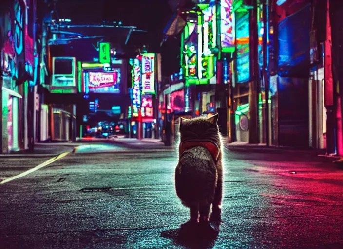 Image similar to photography of a Cat carrying a backpack . in a cyberpunk street. award winning photo, led lighting, night, 24mm, sharp, high res