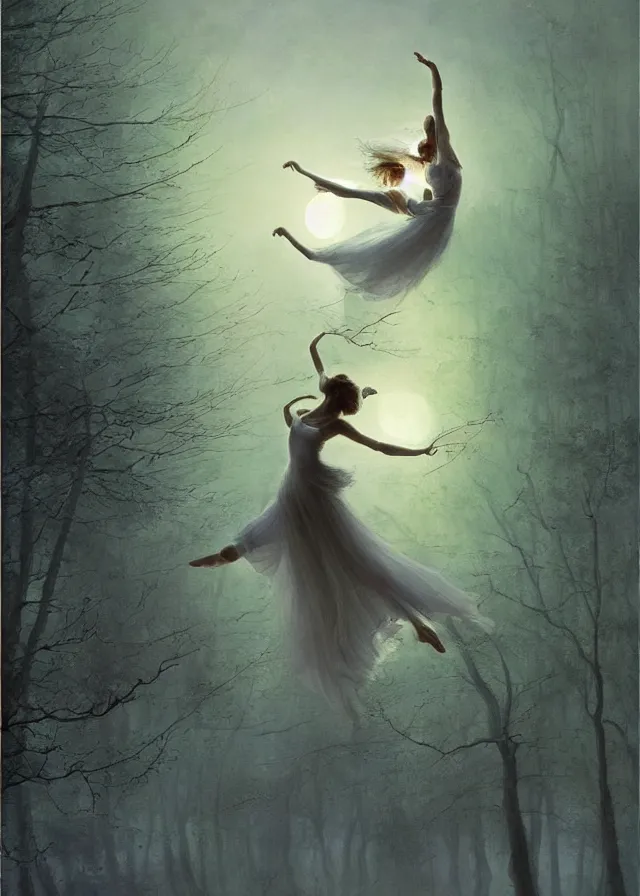 Image similar to dancers in white lit only by the moon, contemporary dance on the forest floor, the twilight dance of the fae by aleksi briclot, and ivan aivazovsky, contemporary dance, watercolor, surrealist, artstation, artgerm